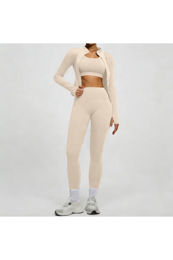 Womens 2 Piece Seamless Workout Sets Long Sleeve Zipper Jacket High Waist Butt Lifting Yoga Gym Leggings