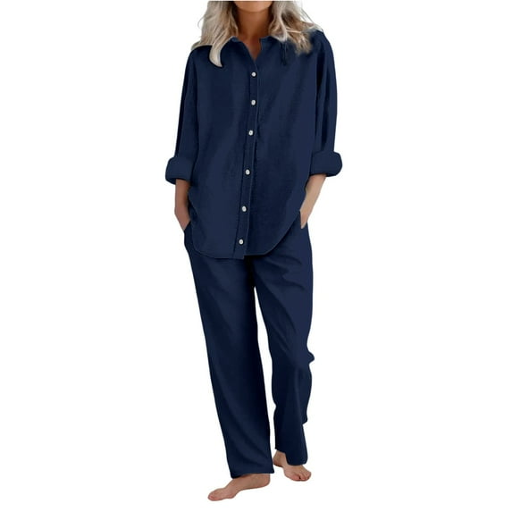 Pyhlmscde Womens Daily Casual Solid Long Sleeve Shirt Tops Pockets Elastic Pants Shirt Trousers Set, Lounge Sets for Women, Two Piece Sets for Women Navy M