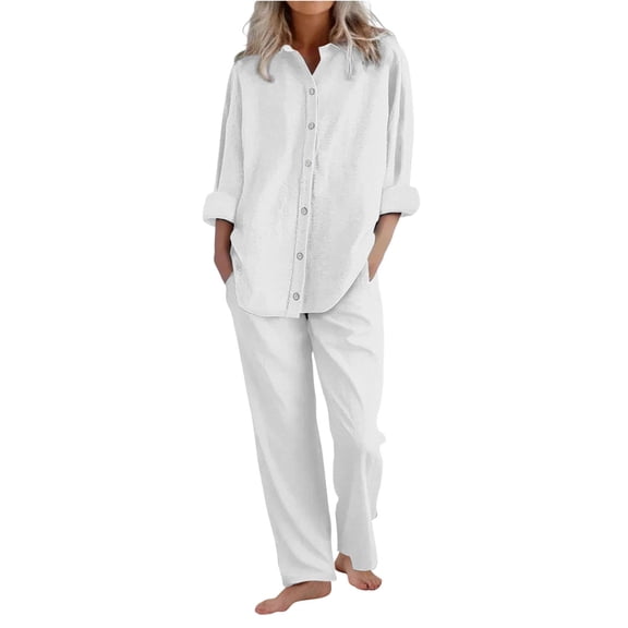 Pyhlmscde Womens Daily Casual Solid Long Sleeve Shirt Tops Pockets Elastic Pants Shirt Trousers Set, Lounge Sets for Women, Two Piece Sets for Women White XL