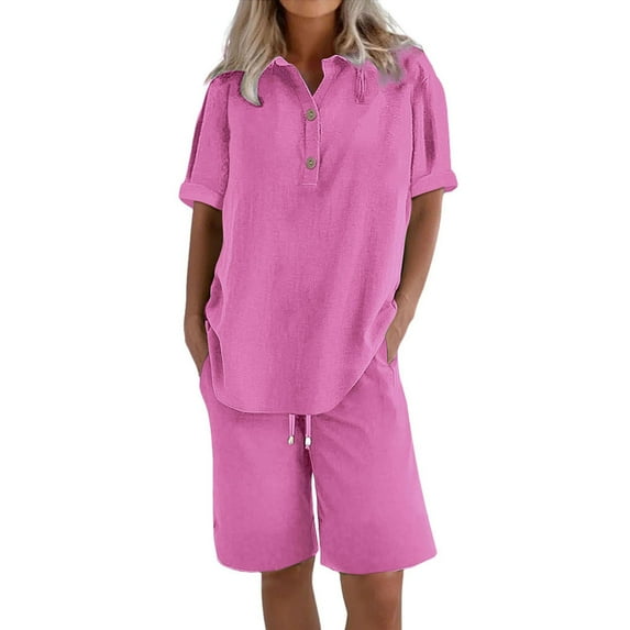 Pyhlmscde Womens Daily Casual Solid Short Sleeve V Neck Shirt Tops Pockets Elastic Waist Pants Shirt Trousers Set, Linen Pants Set for Women, Lavender Jumpsuit for Women, Lavender Outfit for Women