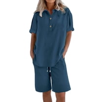 Pyhlmscde Womens Daily Casual Solid Short Sleeve V Neck Shirt Tops Pockets Elastic Waist Pants Shirt Trousers Set, Linen Shorts Set for Women, Linen Short Sets, Piece Sets Summer Dressy