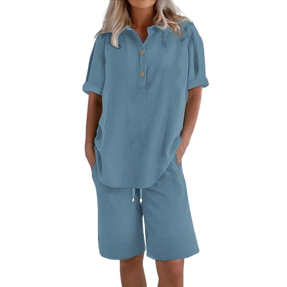 Pyhlmscde Womens Daily Casual Solid Short Sleeve V Neck Shirt Tops Pockets Elastic Waist Pants Shirt Trousers Set, Linen Shorts Set for Women, Linen Short Sets, Piece Sets Summer Dressy