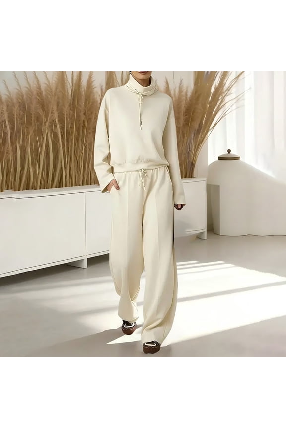 Womens Fall Winter Matching Sets 2 Piece Casual Lapel Sweatshirt Wide Leg Pants