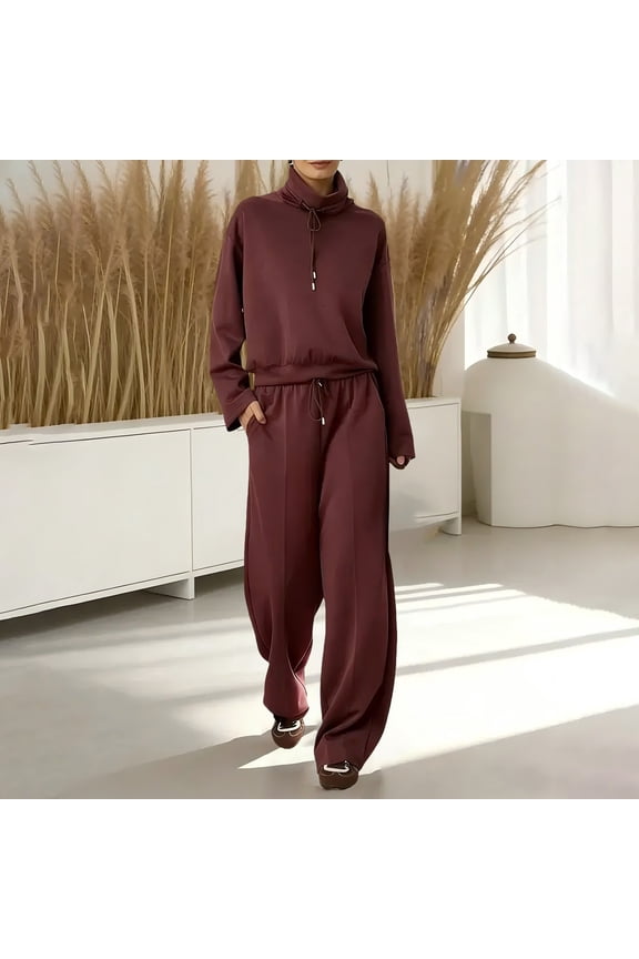 Womens Matching Sets Fall Winter 2 Piece Warm Up Lapel Sweatshirt Wide Leg Pants