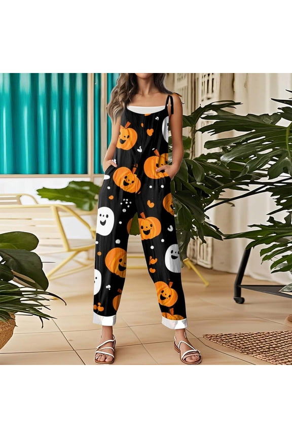 Womens Pumpkin Bat Halloween Print Straps Overalls with Pockets, Jumpsuits for Women, Halloween Dresses for Women, Rompers for Women