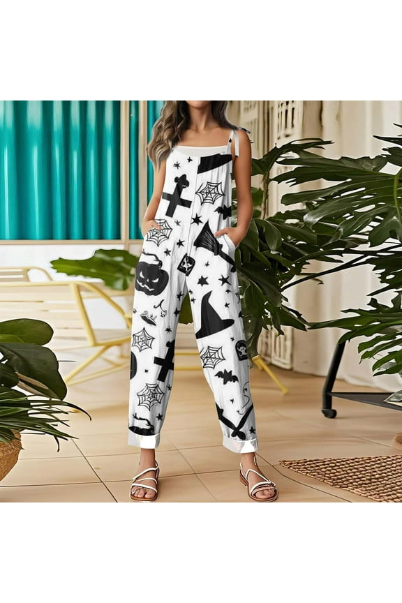 Womens Pumpkin Bat Halloween Print Straps Overalls with Pockets, Jumpsuits for Women, Halloween Dresses for Women, Rompers for Women