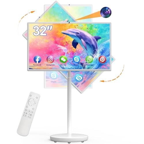 Pyimgus 32Inch Touchscreen TV, 4K UHD Portable TV on Wheels, 4K Camera Mobile TV, Android 13, Full Swivel Rotation, Voice Remote Control, 5-8 Hours Long Battery