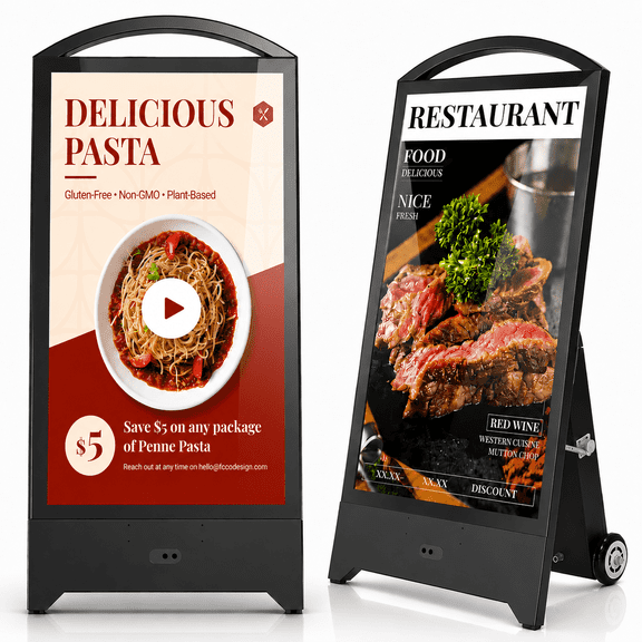 Pyimgus 43" Outdoor Digital Signage, Portable IP65 Waterproof Digital Signage Display with 2000nits High Brightness, Advertising Display with CMS and 1200Wh Battery, Split Screen, Android OS