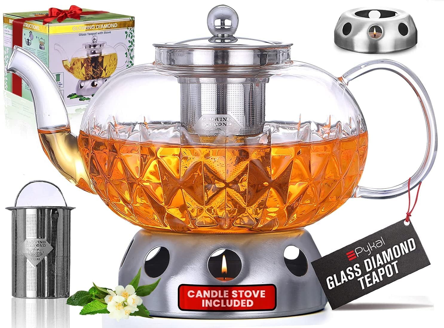 Pykal 40-Oz Glass Tea Pot with Infuser & Candle Warmer for Loose, Blooming Tea