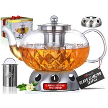 Pykal 40-Oz Glass Tea Pot with Infuser & Candle Warmer for Loose, Blooming Tea