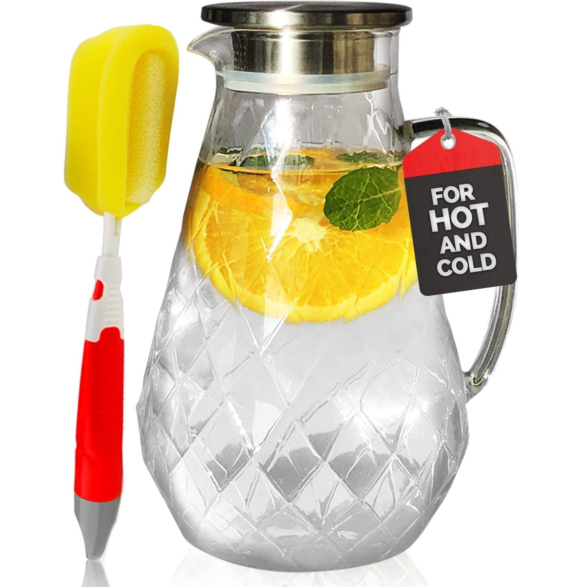 Pykal Diamond Glass Pitcher with Lid Hot and Cold Drink Dispenser, 72 Oz 