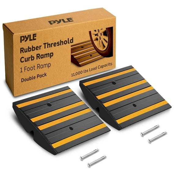 Pyle 1 Ft. Rubber Curb Ramp - Pack of 2 Heavy Duty Non-Slip Threshold Ramps for Driveways & Sidewalks, Yellow Reflective Strips, Marine Grade, Expansion Screws Included, 12.0x 16.0 x 2.6 Inches