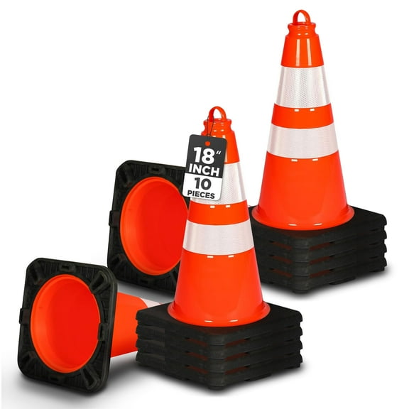 Pyle 18-Inch Safety Traffic Cones, 10-Pack Orange Parking Cones with Reflective Collars, Stackable PVC Construction for Roadwork, Sports Training & Events, Solid High-Density Base for Stability
