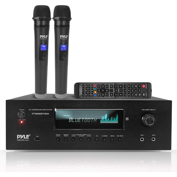 Pyle 1000W Bluetooth 5.2-Ch Stereo Amplifier Karaoke Receiver 2UHF Wireless Microphone