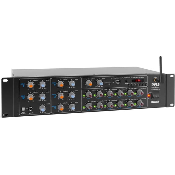 Pyle 12-Channel Wireless Bluetooth Power Amplifier, 6000W Max Multi-Zone Audio Mixer Receiver with USB, SD, AUX Inputs & Digital LED Display Panel