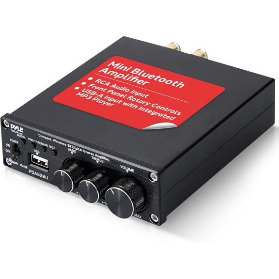 Pyle 200W 2.1 CH Wireless Bluetooth 5.0 Stereo Power Amplifier - Mini Amp with USB Player - RCA Input - Subwoofer Output - Bass & Treble Control - Compact Audio Streaming Amp for Home Use - PDA33BU