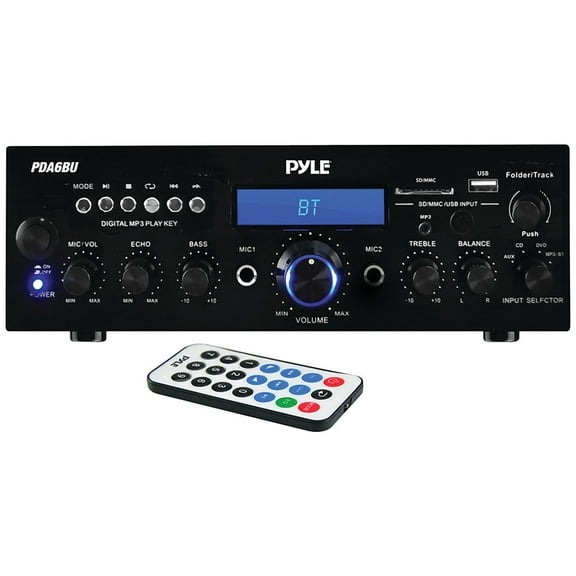 PYLE PDA6BU - Compact Bluetooth Stereo Amplifier - Desktop Audio Power Amp Receiver with FM Radio, MP3/USB/SD Readers, Digital LCD Display, Microphone Input (200 Watt)