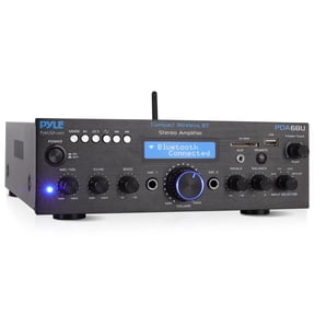 PYLE PDA6BU - Compact Bluetooth Stereo Amplifier - Desktop Audio Power Amp Receiver with FM Radio, MP3/USB/SD Readers, Digital LCD Display, Microphone Input (200 Watt)