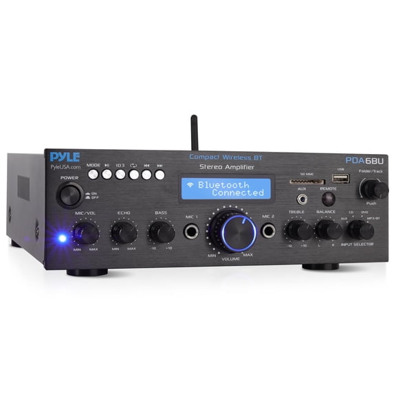 PYLE PDA6BU - Compact Bluetooth Stereo Amplifier - Desktop Audio Power Amp Receiver with FM Radio, MP3/USB/SD Readers, Digital LCD Display, Microphone Input (200 Watt)