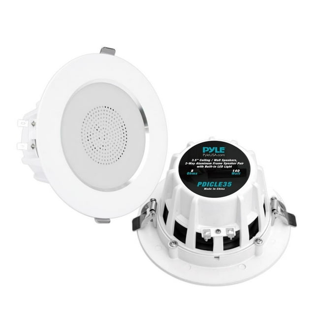 Pyle 3.5 Inch Ceiling / Wall Speakers, 2-Way Aluminum Frame Speaker Pair with Built-in LED Light
