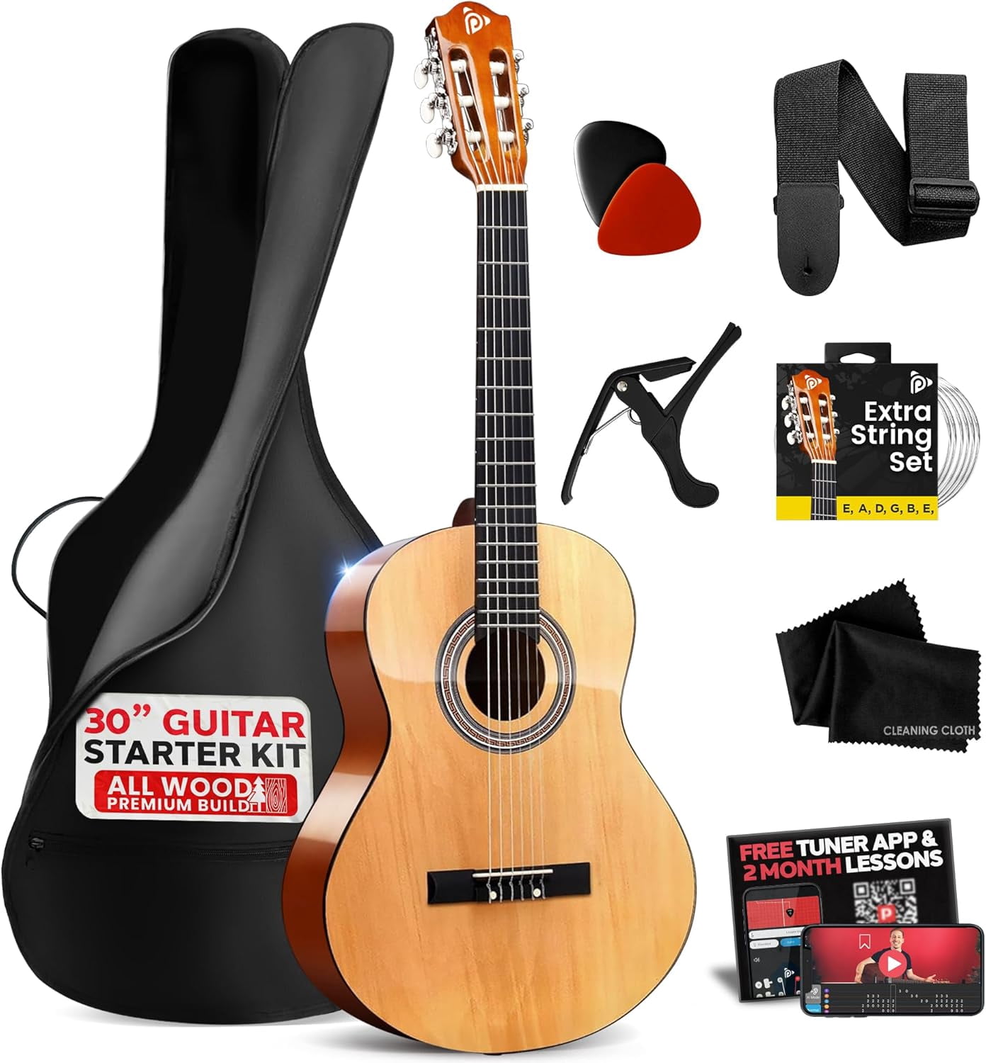 Pyle 30" 1/4 Size Beginner Acoustic Guitar Kit – All Wood Nylon String Instrument with Capo, Strap, Extra Strings & Gig Bag, Natural Gloss