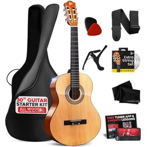 Pyle 30" 1/4 Size Beginner Acoustic Guitar Kit All Wood Nylon String Instrument with Capo, Strap, Extra Strings & Gig Bag, Natural Gloss