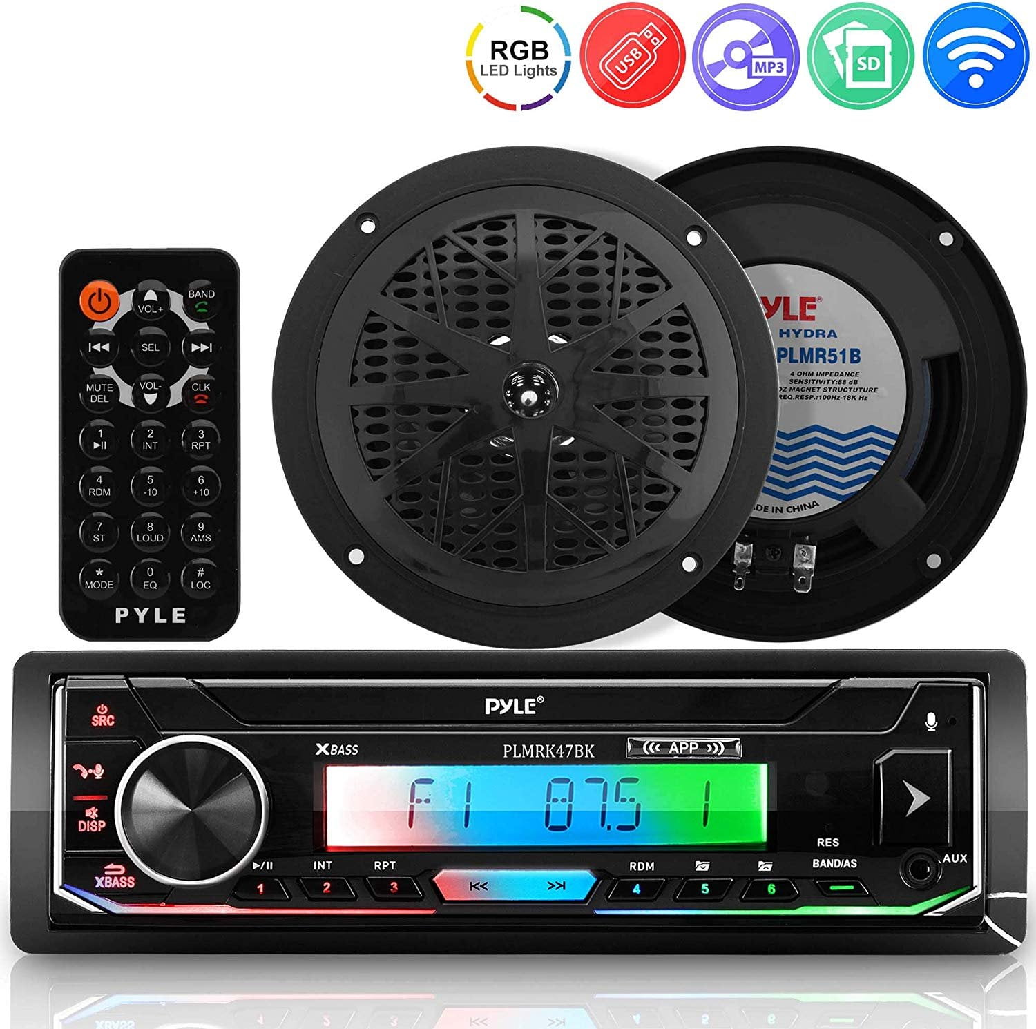Pyle 300 W Bluetooth Marine Stereo Receiver & Speaker Kit w/ Remote ...