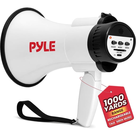 Pyle 30W Handheld Megaphone Bullhorn – Lightweight PA Speaker with Siren, USB-C Charging, Talk & Music Modes, 1000-Yard Range for Events & Announcements (Black)