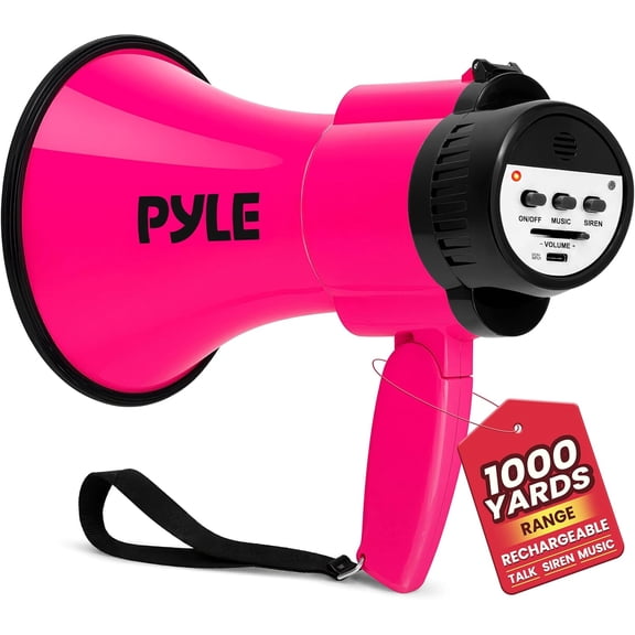 Pyle 30W Handheld Megaphone Bullhorn – Lightweight PA Speaker with Siren, USB-C Charging, Talk & Music Modes, 1000-Yard Range for Events & Announcements (Pink)