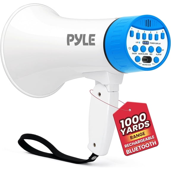 Pyle 30W Rechargeable Megaphone Bullhorn – Bluetooth PA Speaker with Siren, Voice Changer, Record & Playback, USB-C Charging, Shoulder Strap & 1000-Yard Range