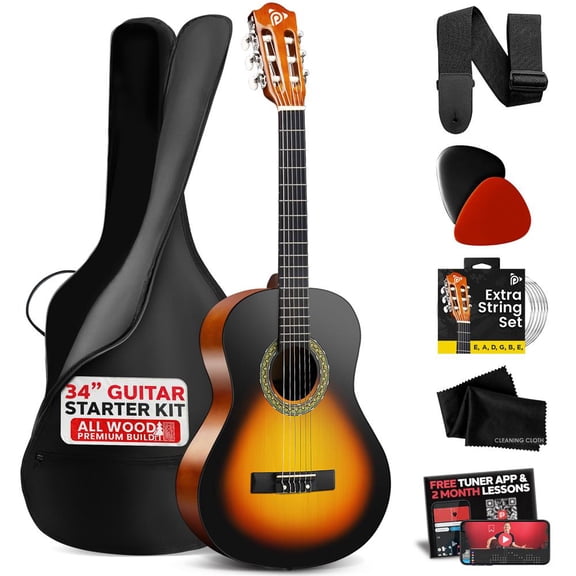 Pyle 34" Junior Acoustic Guitar Kit, Beginner Nylon String Guitar with Gig Bag, Strap & Picks for Kids, Students, Teens & First-Time Players