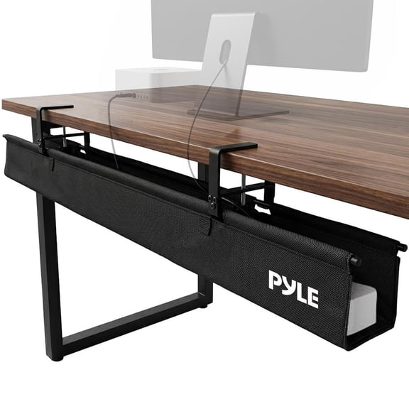 Pyle 36" Under Desk Cable Management Tray  Clamp or Screw Mount Wire Organizer with Fabric Design, Built-In Cable Ties, 20 lb Capacity for Large Workstations (Black)
