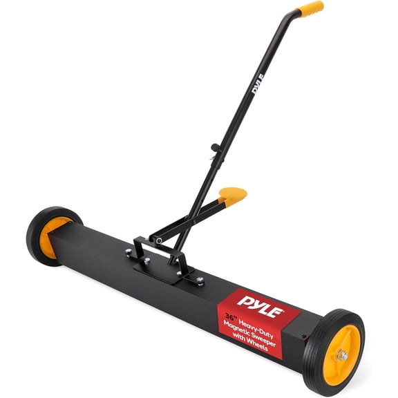 Pyle 36" Rolling Magnetic Sweeper with Adjustable Handle - Strong and Durable Metal Construction Heavy-Duty Cleaning/Metal Pickup for Industrial and Commercial Use Black and Orange