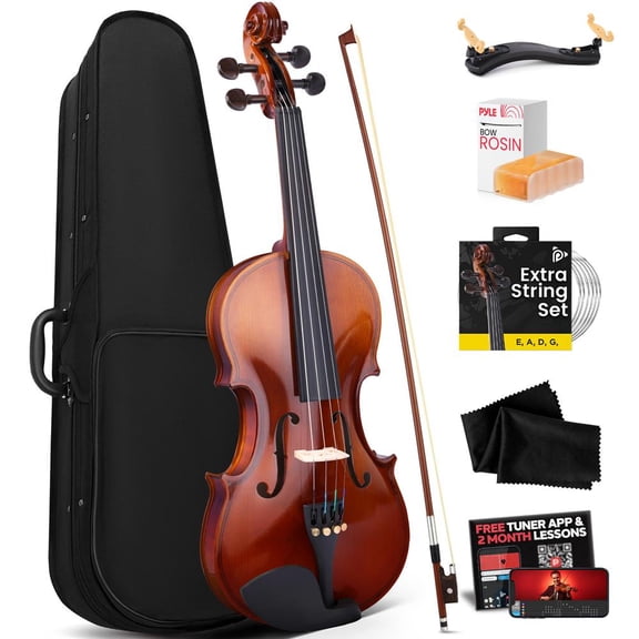 Pyle 4/4 Full Size Beginner Acoustic Violin Kit with Hard Case, Bow, Extra Strings, Rosin, Mobile App Tuner & 2-Month Lessons