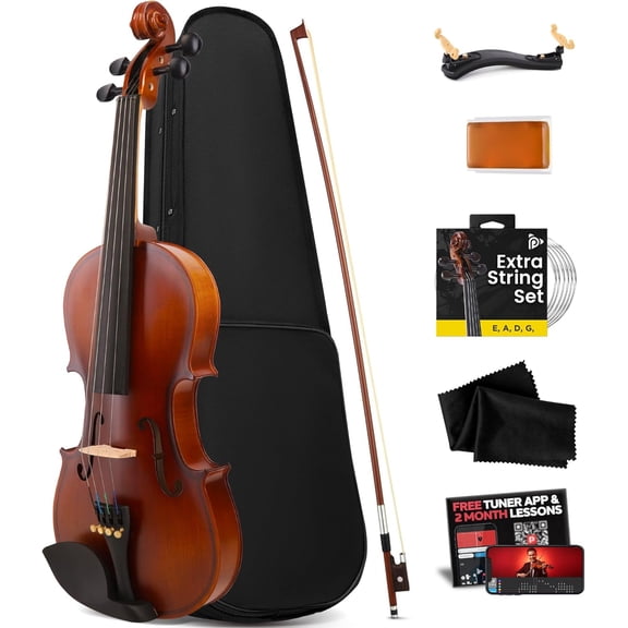 Pyle 4/4 Full Size Beginner Acoustic Violin Set – Student Violin with Hard Case, Bow, Extra Strings, Rosin & Full Accessory Kit, Includes Mobile App Tuner and 2 Months Free Lessons for Kids & Adults