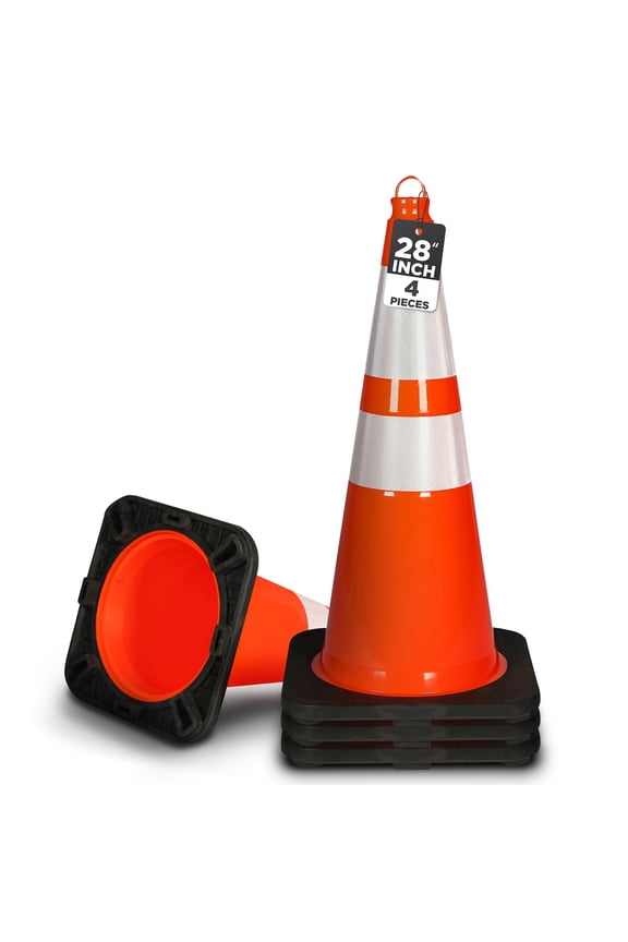 28-Inch Safety Traffic Cones, 4-Pack Orange Parking Cones with Reflective Collars, Stackable PVC Construction for Roadwork, Sports Training & Events, Solid High-Density Base for Stability