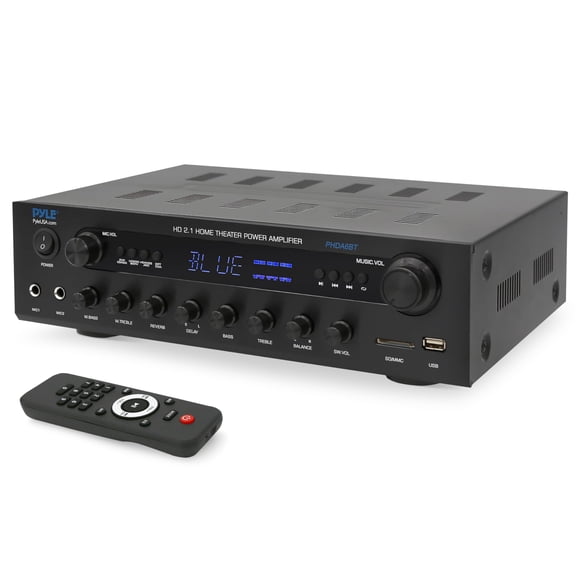 Pyle 400W Stereo Amplifier Receiver - BT Home Audio Amplifier with USB/SD Readers, FM Radio, 3.5mm Aux, Phono, Optical & Coaxial Inputs, LED Display, Mic Inputs, Built-in 2 in 1 HDMI Switch