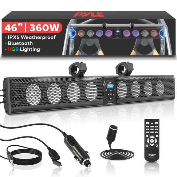 Pyle 46" Marine Sound Bar Speaker System for ATV/UTV with Bluetooth, 360W Peak Power Built-in Amplifier, 8x4 Woofers, 2x1 Treble, Remote Control, USB/AUX Input, Handlebar Mount, IPX5 Waterproof