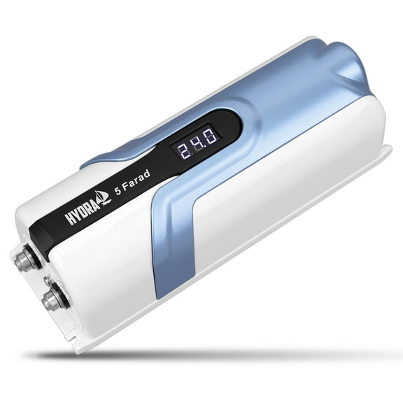 Pyle 5.0 Farad Digital Power Capacitor, High-Performance Car Audio Accessory with Blue Digital Display Voltage Readout and LED Flash, Over Voltage Protection, Mounting Hardware, DC 12-24V