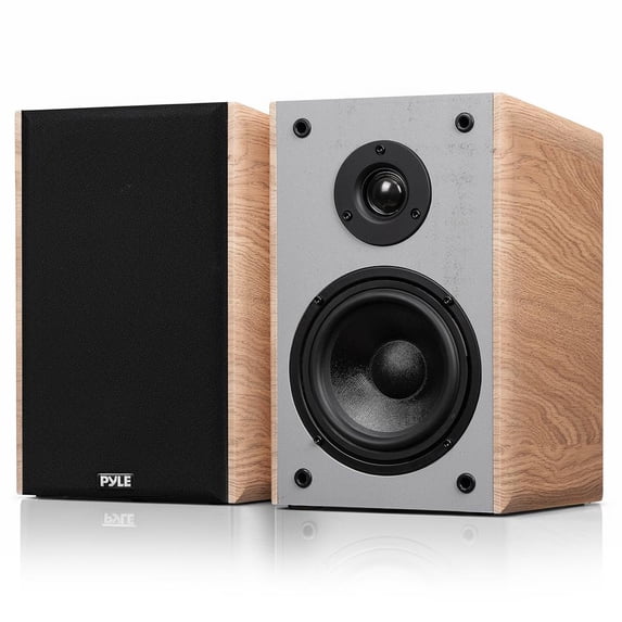 Pyle 5.25” Wired Bookshelf Speakers – Pair of 2-Way HiFi Home Theater Speakers with Wall Mount Brackets, Paper Cone Woofer & Soft Dome Tweeter, Compact Design for Home Audio, Brown