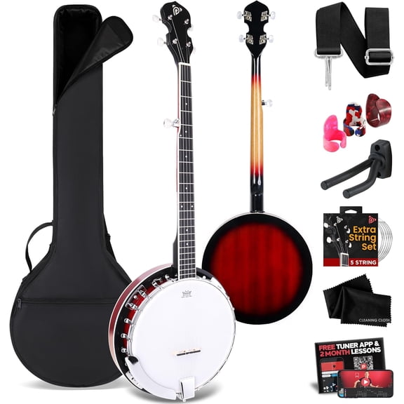 Pyle 5-String Resonator Banjo, Full Size 24-Bracket Design with Geared 5th Tuner, Remo Drum Head & Hardwood Back, Beginner Starter Kit with Gig Bag & Accessories