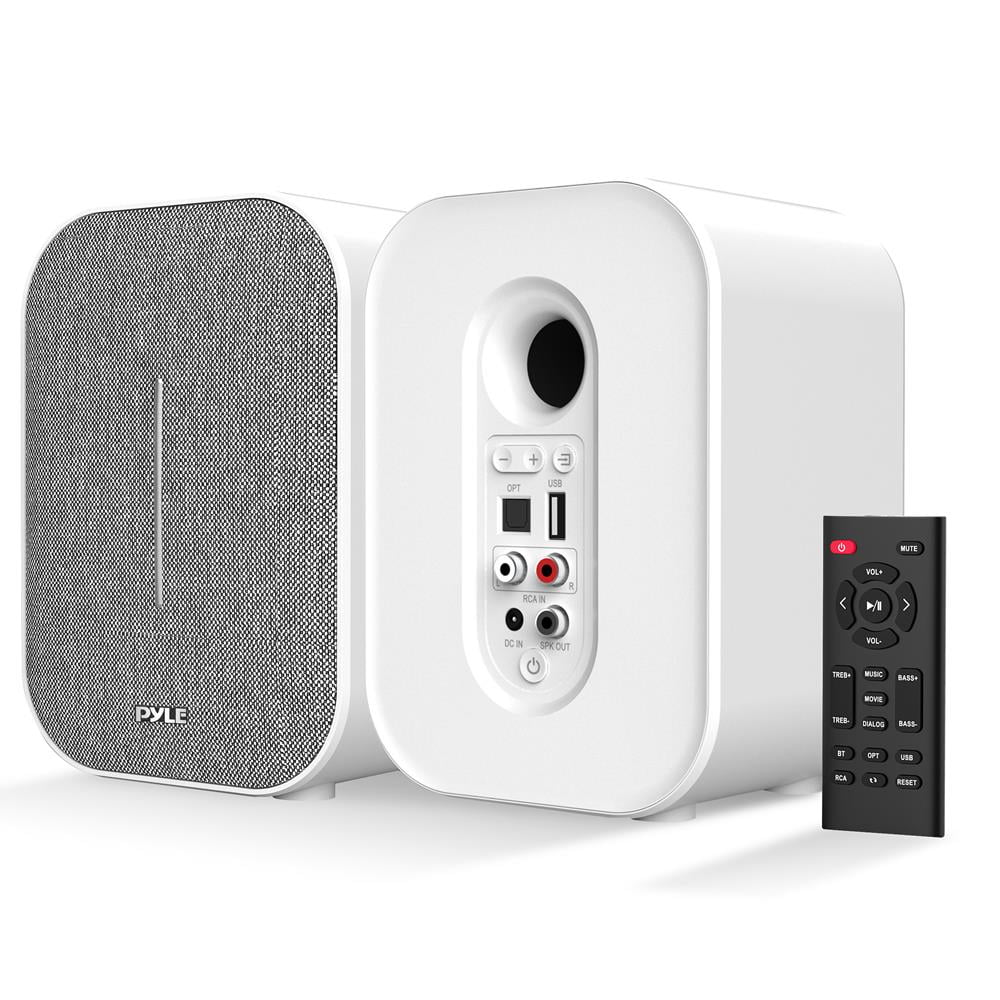 Pyle 50-Watt MAX HiFi Studio Active and Passive Desktop Bluetooth Bookshelf Speaker System, (White)