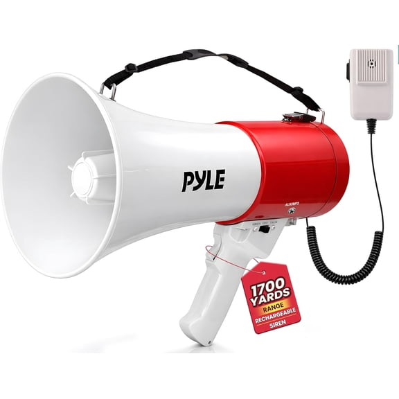 Pyle 50W Portable Megaphone Bullhorn Speaker 1700 Yard Range, Alarm Siren, Adjustable Volume, AUX Input, USB/TF Playback for Sports, Events & Emergency Drills