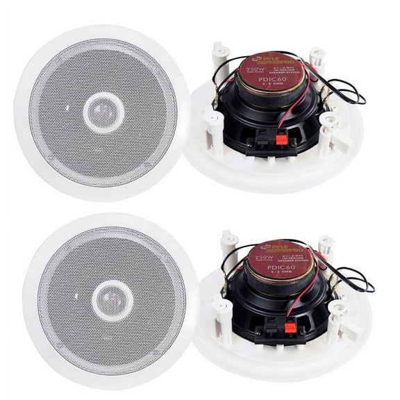 Pyle 6.5" 500W 2-Way Round In-Wall/Ceiling Home Audio Speaker System, White, 4pk