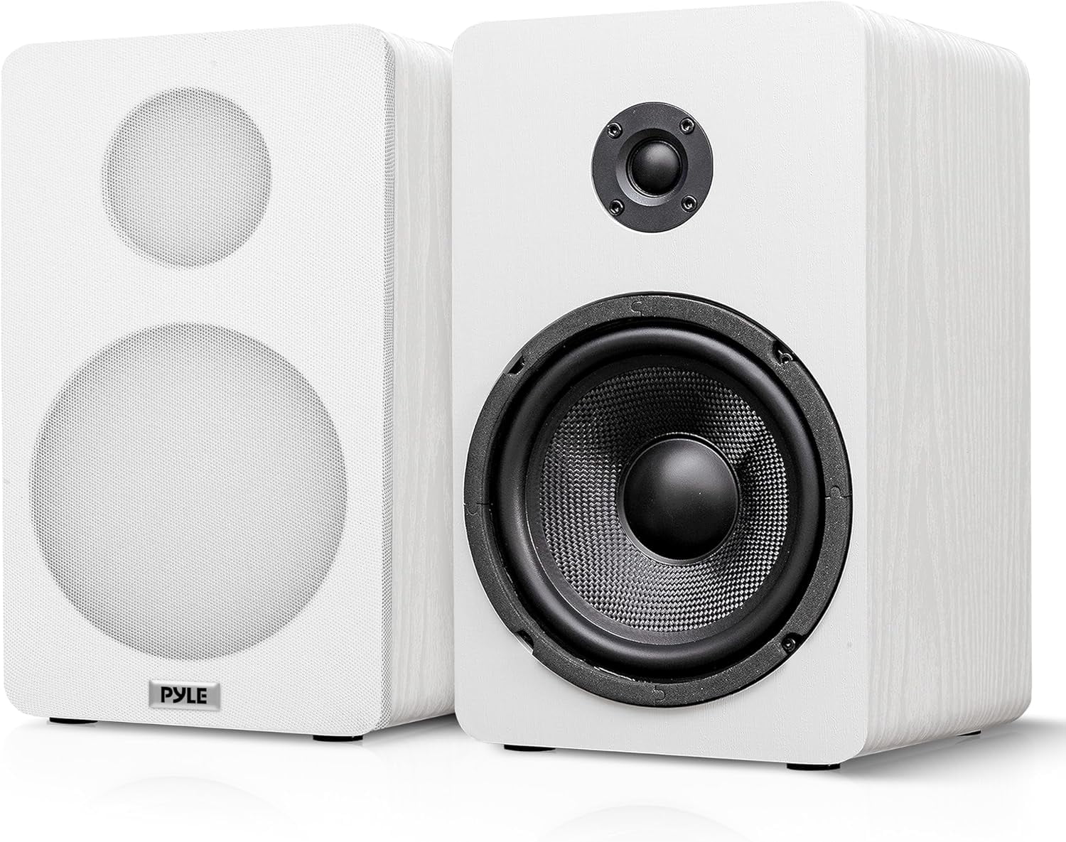 Pyle 6.5” Bookshelf Speakers – Pair of Wired Home Theater Speakers with Wall Mount Brackets, 2-Way HiFi Design with Fiberglass Cone & Soft Dome Tweeter, Compact Size 11.7” x 7” x 6.5”, White