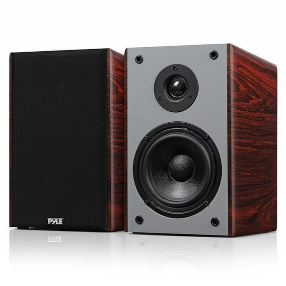 Pyle 6.5'' Wired Bookshelf Speakers 2-Way Hi-Fi Home Theater Speaker Pair with Paper Cone Woofer, Soft Dome Tweeter & Wall Mount Brackets, Compact Design, 11.5'' x 7.5'' x 9.5'' (Cherry)