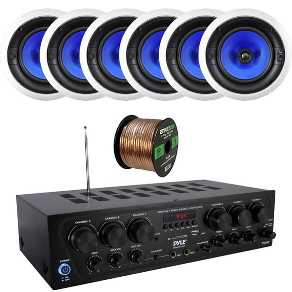 Pyle 6-Channel 750W Bluetooth USB AUX FM Stereo Amplifier Receiver Home Audio System Bundle Combo with 6x 8" 300W 2-Way Full Range In-Ceiling Stereo Speakers, 16 Gauge 50 Feet Speaker Wire