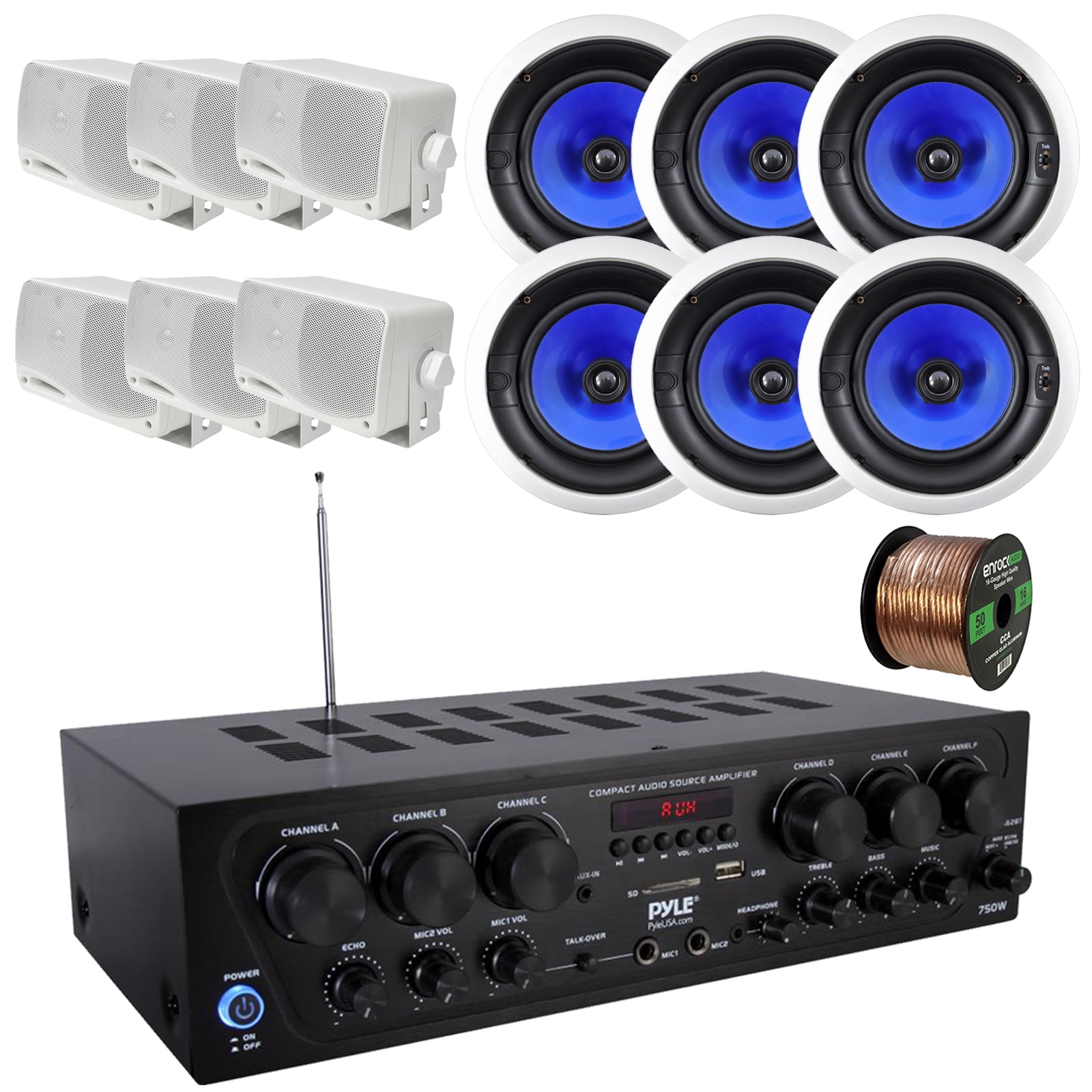 Pyle 6-Channel 750W Bluetooth USB AUX FM Stereo Amplifier Receiver System Bundle Combo with 6x 8" 2-Way Full Range In-Ceiling Stereo Speakers, 6x 3.5'' 3-Way White Mini Box Speakers, Speaker Wire