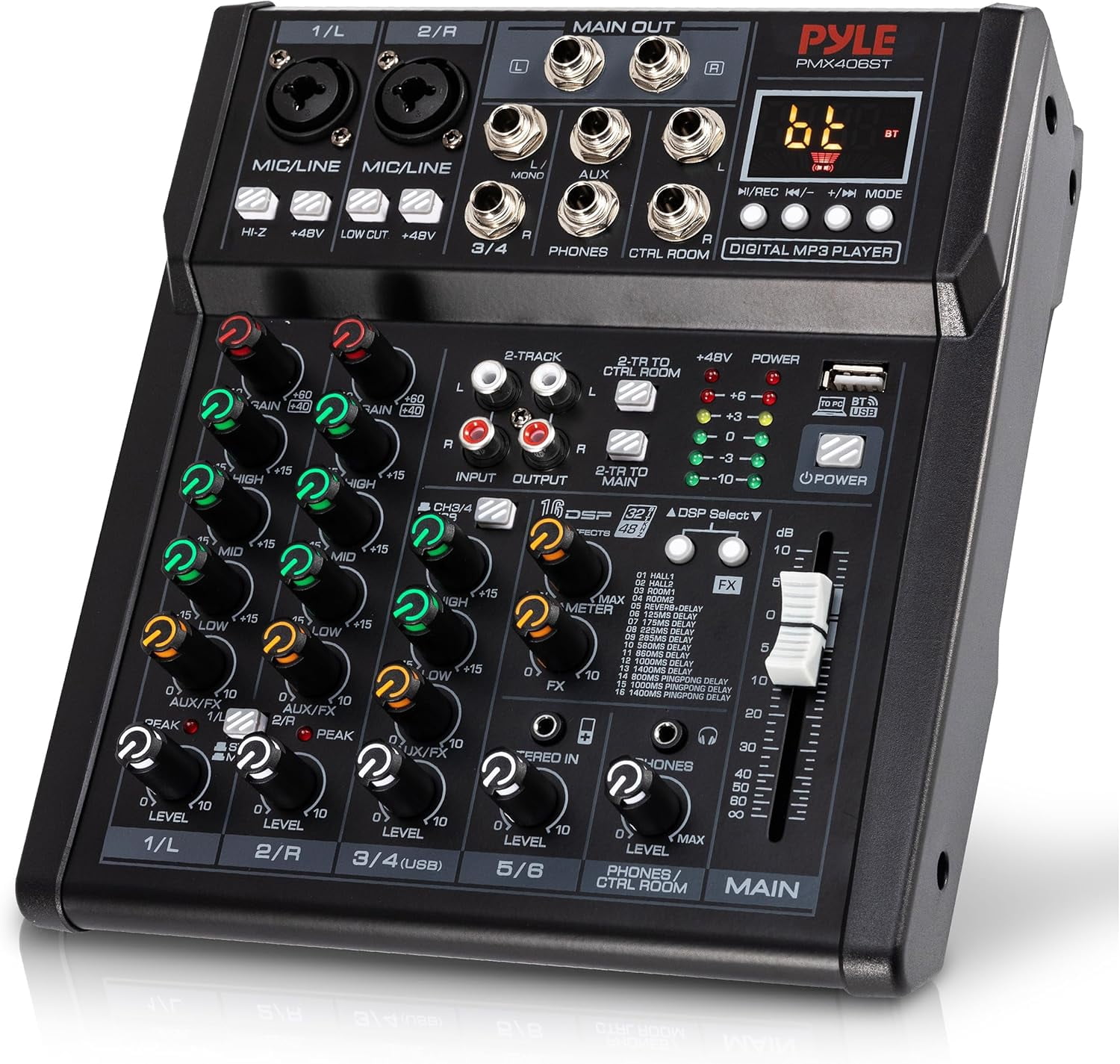 Pyle 6-Channel Audio Mixer – Bluetooth DJ & Studio Mixing Console with DSP Effects, Phantom Power, MP3/USB Player, LED Display, Front Panel Controls for Recording, Stage & Home Use (Black)