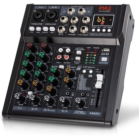 Pyle 6-Channel Audio Mixer – Bluetooth DJ & Studio Mixing Console with DSP Effects, Phantom Power, MP3/USB Player, LED Display, Front Panel Controls for Recording, Stage & Home Use (Black)